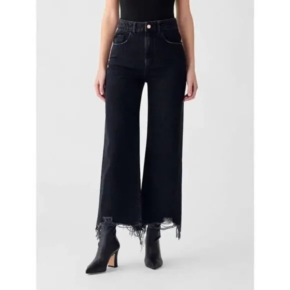 DL1961 Hepburn Wide Leg Distressed High Rise Jean Raw Hem 24 Lark Washed Black - Picture 1 of 10